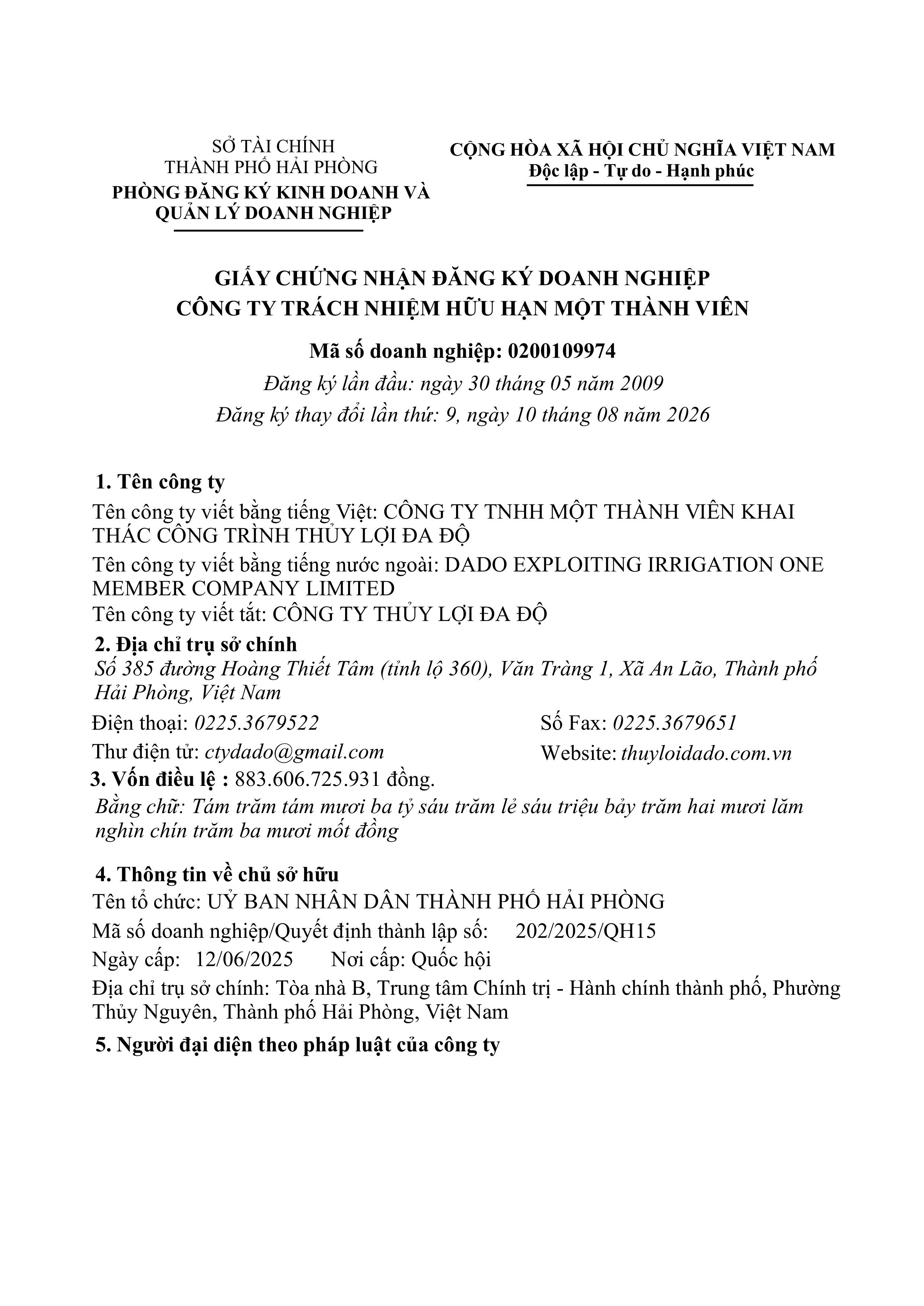 Giấy chứng nhận đăng ký doanh nghiệp lần thứ 9 Giấy chứng nhận đăng ký doanh nghiệp lần thứ 9